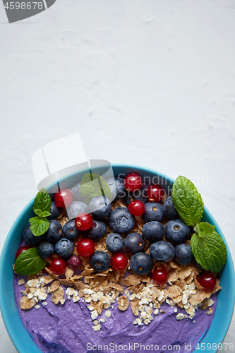 Image of Healthy food concept. Fresh fruit Blackberries and currants yogu