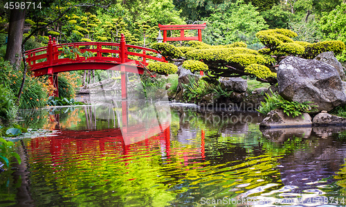 Image of Japanese garden and red bridge