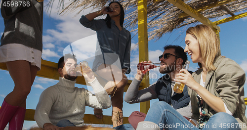 Image of Group of friends having fun on autumn day at beach