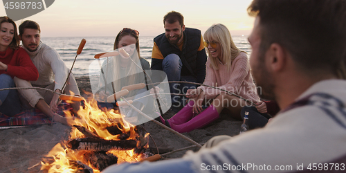 Image of Group Of Young Friends Sitting By The Fire at beach