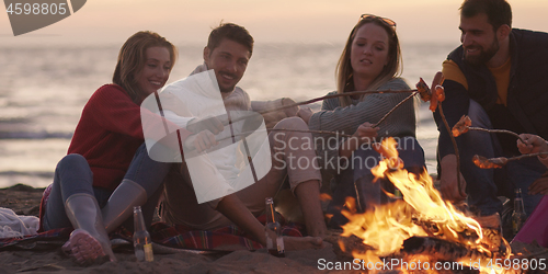 Image of Group Of Young Friends Sitting By The Fire at beach