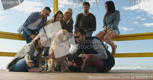 Image of Group of friends having fun on autumn day at beach