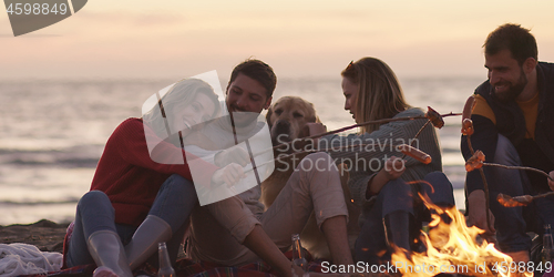 Image of Group Of Young Friends Sitting By The Fire at beach