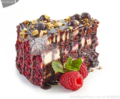 Image of piece of chocolate and blackcurrant cake