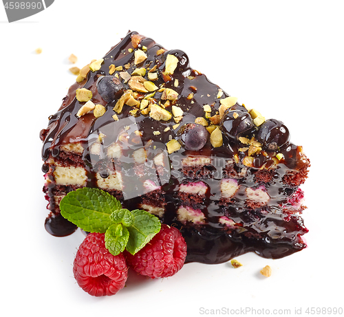 Image of piece of chocolate and blackcurrant cake