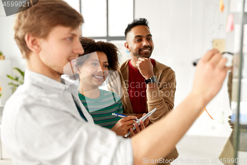 Image of creative team writing on glass board at office