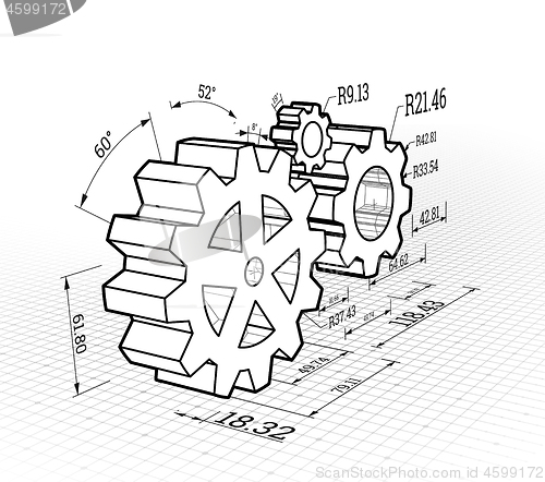 Image of Set of gears on a white background. Vector illustration, blueprint style.