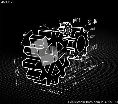 Image of Set of gears on a black background. Vector illustration, blueprint style.