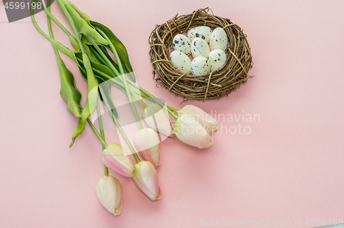 Image of Easter eggs and tulips on wooden planks