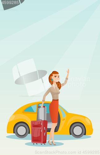 Image of Young caucasian woman waving in front of car.