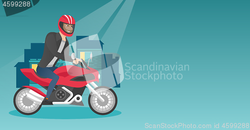 Image of Young caucasian man riding a motorcycle at night.