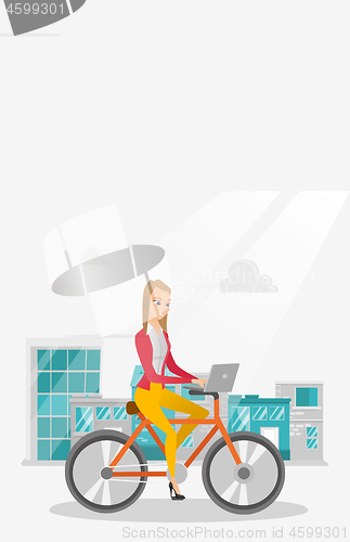 Image of Business woman riding a bicycle with a laptop.