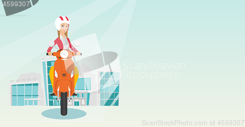 Image of Young caucasian woman riding a scooter.