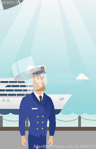 Image of Caucasian ship captain in uniform at the port.