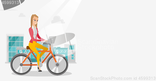 Image of Business woman riding a bicycle with a laptop.
