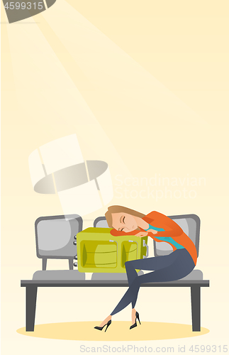 Image of Tired woman sleeping on suitcase at the airport.