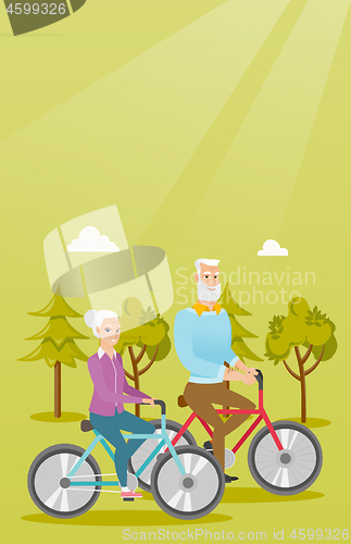 Image of Happy senior couple riding on bicycles in park.