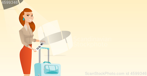 Image of Caucasian business woman showing luggage tag.