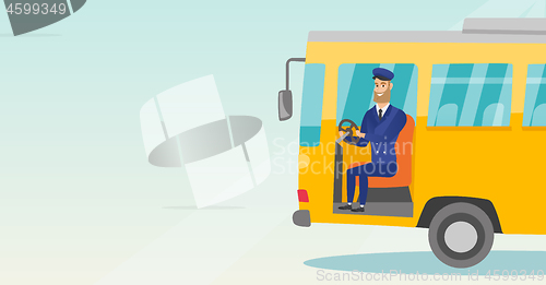 Image of Caucasian bus driver sitting at steering wheel.