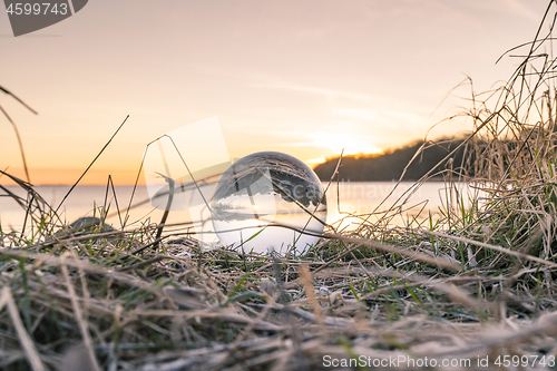 Image of Crystal ball in frozen grass by a lake in the morning