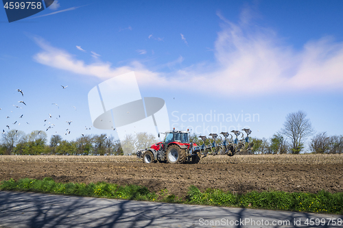 Image of Red tractor ploughing a rural field in the spring