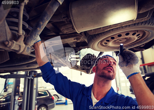 Image of mechanic man with flashlight repairing car at shop