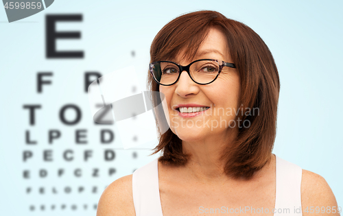 Image of happy senior woman in glasses over eye test chart