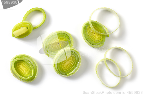 Image of sliced leek on white background