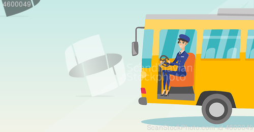 Image of Caucasian bus driver sitting at steering wheel.