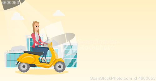 Image of Young caucasian woman riding a scooter.