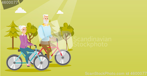 Image of Happy senior couple riding on bicycles in park.