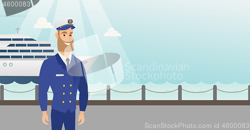 Image of Caucasian ship captain in uniform at the port.