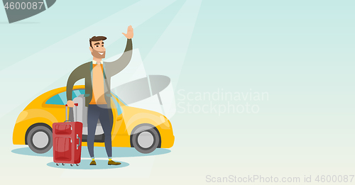 Image of Young caucasian man waving in front of car.