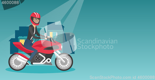 Image of Young caucasian woman riding a motorcycle at night