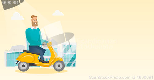 Image of Young caucasian man riding a scooter.