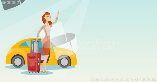 Image of Young caucasian woman waving in front of car.