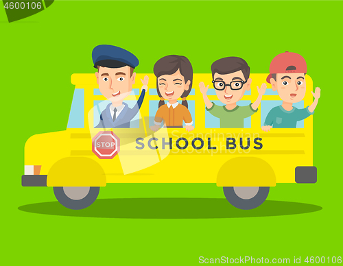 Image of Caucasian pupils riding a yellow school bus.