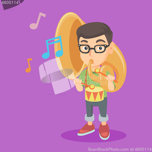 Image of Caucasian kid playing the tuba and the drum.