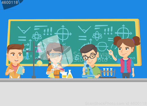 Image of Caucasian kids working at chemistry class.