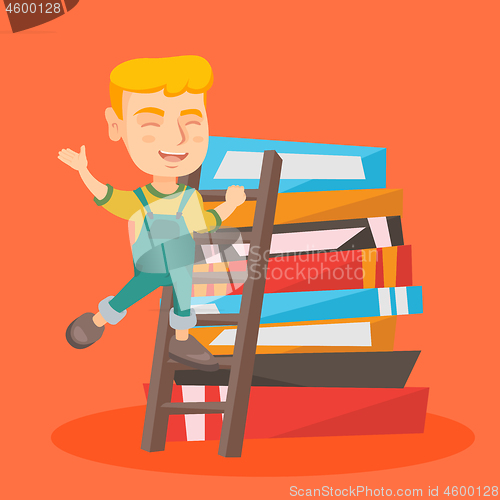 Image of Boy climbing up a ladder on the pile of books.