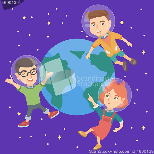 Image of Caucasian astronaut kids flying in space.