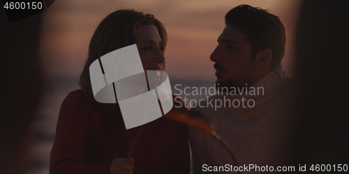 Image of Group Of Young Friends Sitting By The Fire at beach