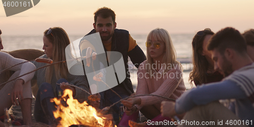 Image of Group Of Young Friends Sitting By The Fire at beach