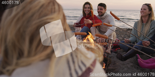 Image of Group Of Young Friends Sitting By The Fire at beach