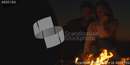 Image of Couple enjoying with friends at night on the beach