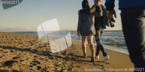 Image of Group of friends having fun on beach during autumn day