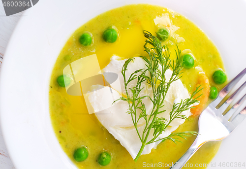 Image of Fresh soup from green peas and egg-poached