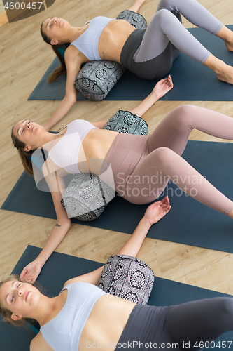 Image of Restorative yoga with a bolster. Group of three young sporty attractive women in yoga studio, lying on bolster cushion, stretching and relaxing during restorative yoga. Healthy active lifestyle