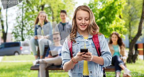 Image of teen student girl with school bag and smartphone