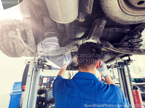 Image of mechanic man or smith repairing car at workshop